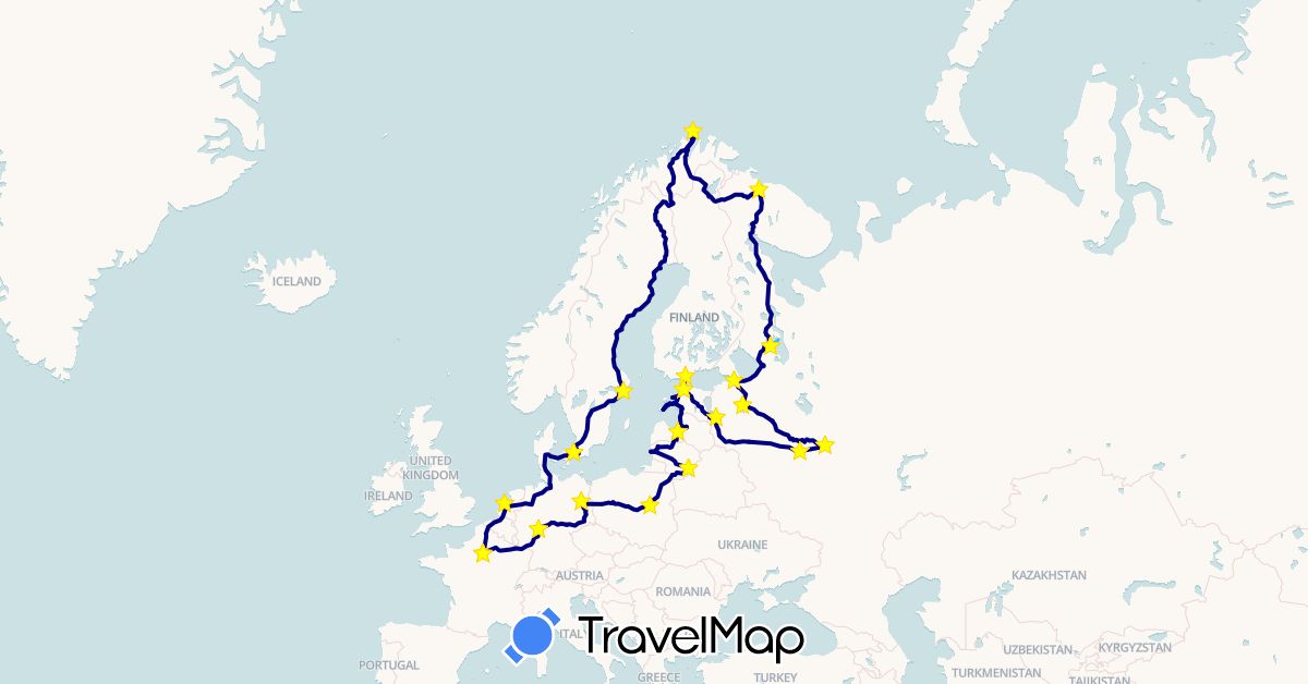 TravelMap itinerary: driving, train, hiking, boat in Germany, Denmark, Estonia, Finland, France, Lithuania, Latvia, Netherlands, Norway, Poland, Russia, Sweden (Europe)